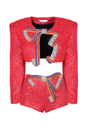 Embroidered Crystal Bow Cropped Jacket