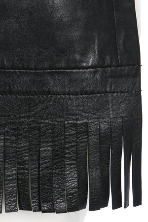 1960s Pierre Cardin Mod Space Black Lambskin Leather Fringed Mini Dress. Rent: £55/Day