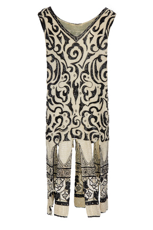 1920s Hand Beaded Swirl Patterned Fringe Dress