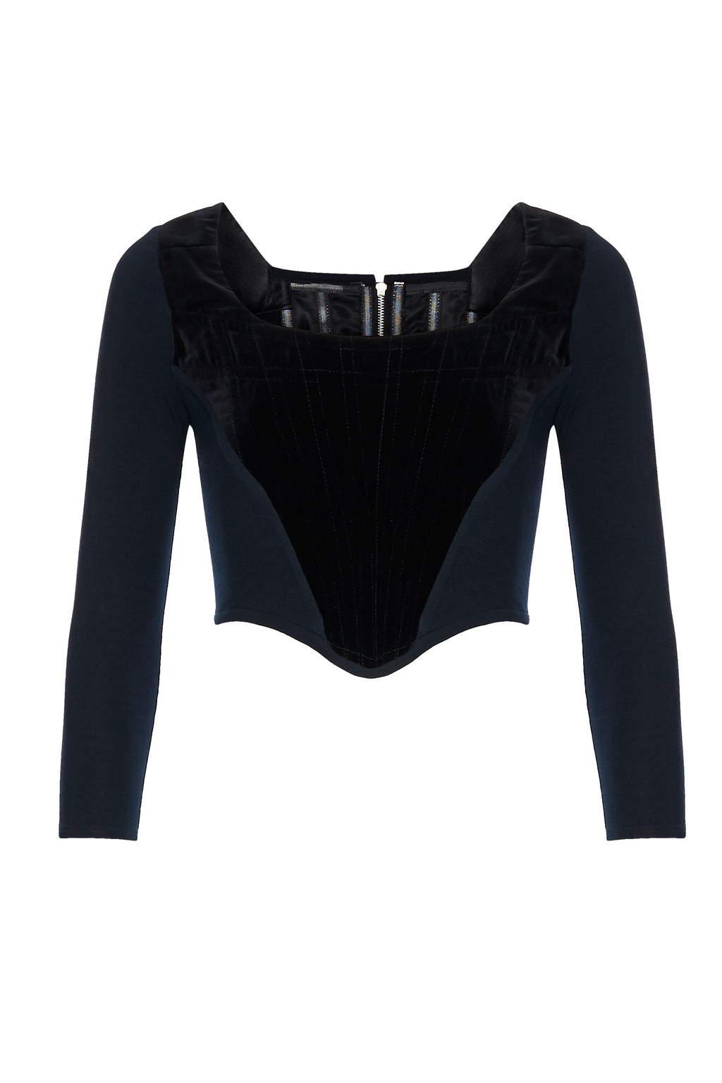 1990s Vivienne Westwood Black Velvet and Jersey Long Sleeved Corset. Rent: £155/Day