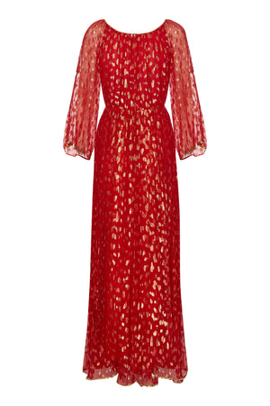 1960's Red Lame Pleated Red Gown with Gold Metallic Detailing. Rent: £55/Day - Annie's Ibiza