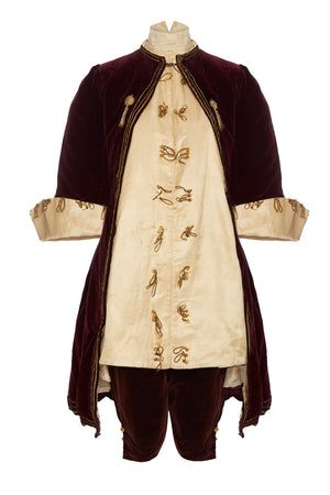 1800s Gentleman's Continental Velvet Frock Coat with Matching Breeches and Ivory Smock Shirt. Rent:£60/Day