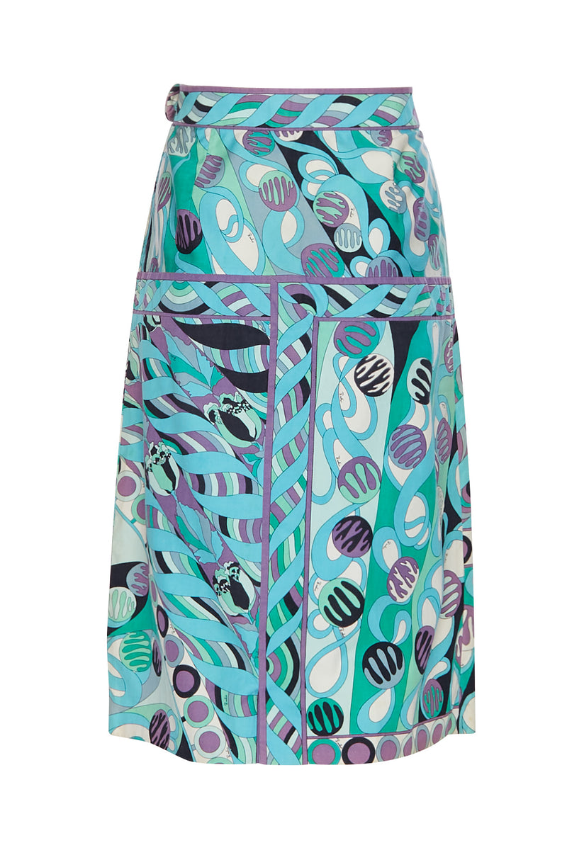 1960s Pucci Teal Printed Cotton Skirt